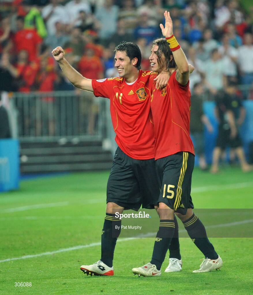 22 June 2008; Spain's Joan Capdevila, left, and Sergio Ramos celebrate after the game. UEFA EURO 2008TM, Quarter-Final, Spain v Italy, Ernst Happel Stadion, Vienna, Austria. Picture credit; Pat Murphy / SPORTSFILE
