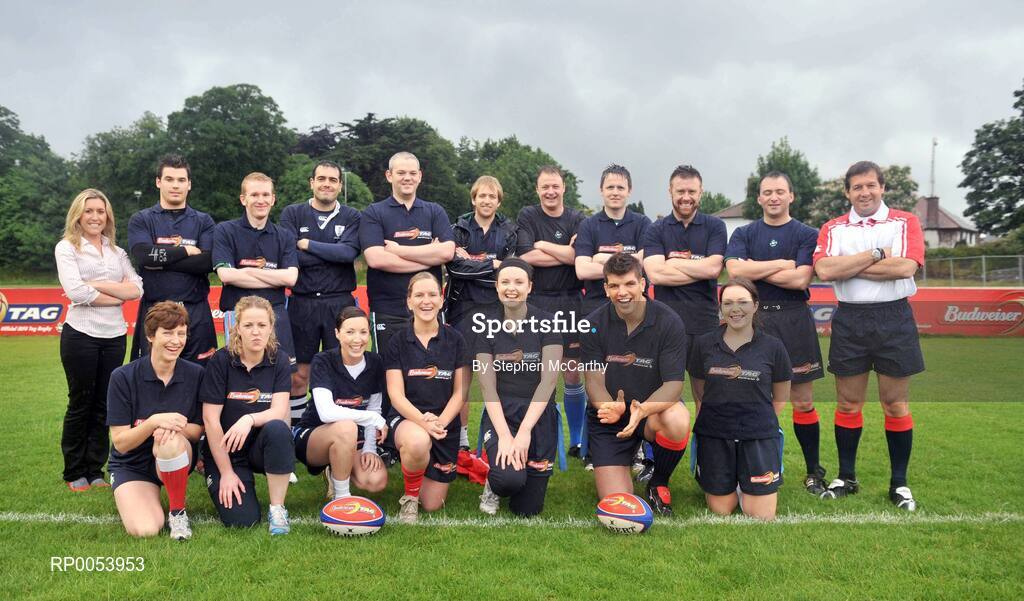 19 June 2008; The Donncha O’Callaghan Select 7 team, with Lana Condron, Budweiser, far left, and 2007 Rugby World Cup final referee Alain Rolland, far right. Back row, from left, Eoin Toolin, Conor Malone, James Stafford, Marcus O'Dwyer, Brian Green, Dave Keane, Sid Carmody, John Moran, Eamonn Sayers. Front row, from left, Ruth Wood-Martin, Orla Delaney, Tracey Hadnett, Shirley Moloney, Carmel O'Dwyer, Donncha O'Callaghan and Sinead Bennett. Donncha O’Callaghan closed off his season in unusual fashion when he lined out with his own IRFU select 7 tag team at the Budweiser Tag League in Old Belvedere RFC in Dublin.  In a game referred by World Cup Final referee, Alain Rolland, Sutton based tag team, The Burbarians, won the chance to play opposite the Munster lock as part of the Budweiser Tag Rugby "Challenge Donncha" promotion. Donncha O’Callaghan Select 7 v The Burbarians, Old Belvedere RFC, Anglesea Road, Dublin. Picture credit: Stephen McCarthy / SPORTSFILE