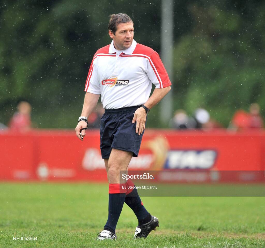 19 June 2008: World Cup Final referee, Alain Rolland referees a match were Donncha O’Callaghan closed off his season in unusual fashion when he lined out with his own IRFU select 7 tag team at the Budweiser Tag League in Old Belvedere RFC in Dublin. Sutton based tag team, The Burbarians, won the chance to play opposite the Munster lock as part of the Budweiser Tag Rugby "Challenge Donncha" promotion. Picture credit: Stephen McCarthy / SPORTSFILE
