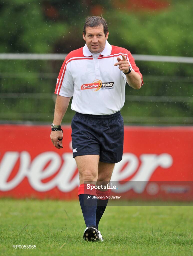 19 June 2008: World Cup Final referee, Alain Rolland referees a match were Donncha O’Callaghan closed off his season in unusual fashion when he lined out with his own IRFU select 7 tag team at the Budweiser Tag League in Old Belvedere RFC in Dublin. Sutton based tag team, The Burbarians, won the chance to play opposite the Munster lock as part of the Budweiser Tag Rugby "Challenge Donncha" promotion. Donncha O’Callaghan Select 7 v The Burbarians, Old Belvedere RFC, Anglesea Road, Dublin. Picture credit: Stephen McCarthy / SPORTSFILE