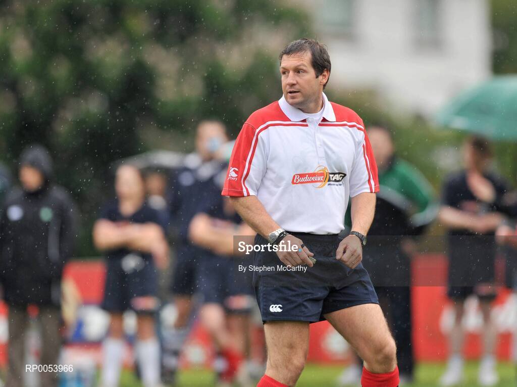 19 June 2008: World Cup Final referee, Alain Rolland referees a match were Donncha O’Callaghan closed off his season in unusual fashion when he lined out with his own IRFU select 7 tag team at the Budweiser Tag League in Old Belvedere RFC in Dublin. Sutton based tag team, The Burbarians, won the chance to play opposite the Munster lock as part of the Budweiser Tag Rugby "Challenge Donncha" promotion. Donncha O’Callaghan Select 7 v The Burbarians, Old Belvedere RFC, Anglesea Road, Dublin. Picture credit: Stephen McCarthy / SPORTSFILE