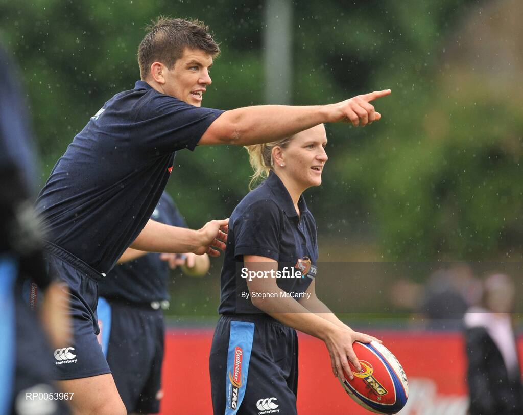 19 June 2008: Donncha O’Callaghan gives advice to team-mate Shirley Moloney as he closed off his season in unusual fashion when he lined out with his own IRFU select 7 tag team at the Budweiser Tag League in Old Belvedere RFC in Dublin. In a game referred by World Cup Final referee, Alain Rolland, Sutton based tag team, The Burbarians, won the chance to play opposite the Munster lock as part of the Budweiser Tag Rugby "Challenge Donncha" promotion. Donncha O’Callaghan Select 7 v The Burbarians, Old Belvedere RFC, Anglesea Road, Dublin. Picture credit: Stephen McCarthy / SPORTSFILE