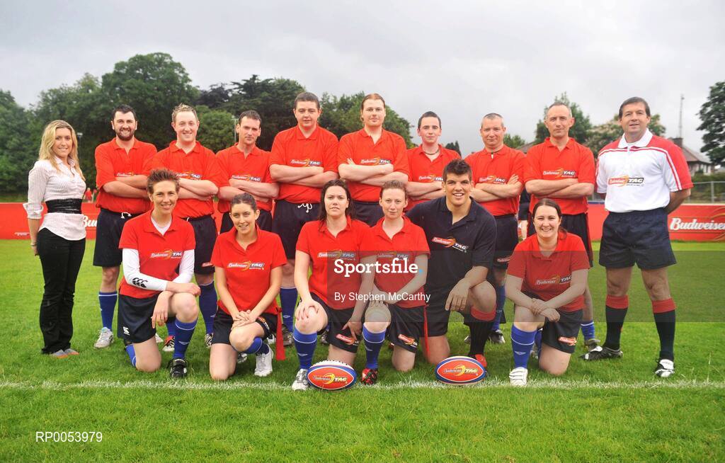 19 June 2008; Donncha OCallaghan closed off his season in unusual fashion when he lined out with his own IRFU select 7 tag team at the Budweiser Tag League in Old Belvedere RFC in Dublin. In a game referred by World Cup Final referee, Alain Rolland, Sutton based tag team, The Burbarians, won the chance to play opposite the Munster lock as part of the Budweiser Tag Rugby Challenge Donncha promotion. The Burbarians team ahead of the game, with Lana Condron, Budweiser, far left, Alain Rolland, far right, and Donncha O'Callaghan. Back row, from left, Stephen Paul, Ian Maxwell, Ian Penlerick, John Fitzpatrick, Alan Doolan, Neal Merry, Murrough Kavanagh and Jon Norton. Front row, from left, Rachelle Wulder, Moya Revins, Sarah Penlerick, Susan Connolly and Roisin Lankford. Donncha OCallaghan Select 7 v Burbarians, Old Belvedere RFC, Dublin. Picture credit: Stephen McCarthy / SPORTSFILE