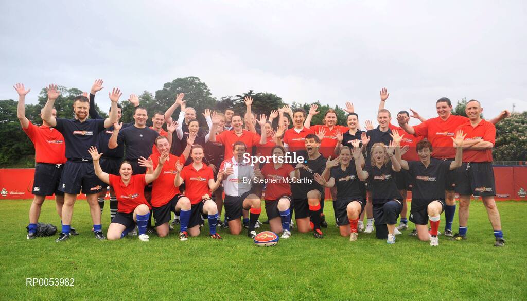 19 June 2008; Donncha O’Callaghan closed off his season in unusual fashion when he lined out with his own IRFU select 7 tag team at the Budweiser Tag League in Old Belvedere RFC in Dublin. In a game referred by World Cup Final referee, Alain Rolland, Sutton based tag team, The Burbarians, won the chance to play opposite the Munster lock as part of the Budweiser Tag Rugby Challenge Donncha promotion. Pictured after the match are members of the Donncha O’Callaghan Select 7 and Burbarians teams with referee Alain Rolland. Old Belvedere RFC, Dublin. Picture credit: Stephen McCarthy / SPORTSFILE