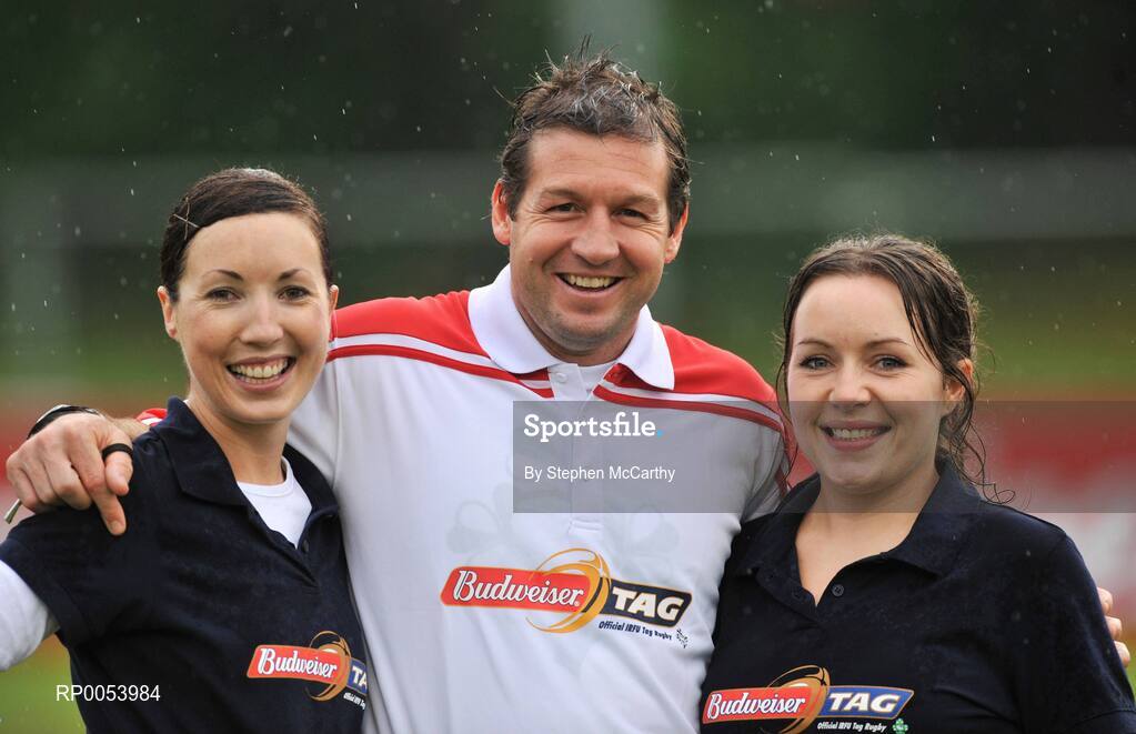 19 June 2008; In a game referred by World Cup Final referee, Alain Rolland, Donncha O’Callaghan closed off his season in unusual fashion when he lined out with his own IRFU select 7 tag team at the Budweiser Tag League in Old Belvedere RFC in Dublin. The Sutton based tag team, The Burbarians, won the chance to play opposite the Munster lock as part of the Budweiser Tag Rugby Challenge Donncha promotion. Pictured with referee Alain Rolland are Tracey Hadnett, left, and Sinead Bennett, Donncha O’Callaghan Select 7. Donncha O’Callaghan Select 7 v Burbarians, Old Belvedere RFC, Dublin. Picture credit: Stephen McCarthy / SPORTSFILE