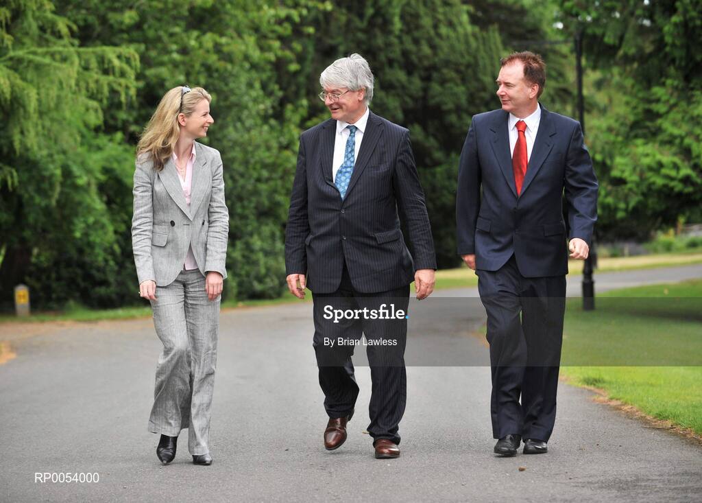 19 June; Minister of State Dr. Martin Mansergh TD, centre, with David Levins, Cultural Programme Manager, and Mary Coghlan, CEO, Athletics Ireland, at the launch of 2008 Summer Season at Farmleigh. As part of the season Athletics Ireland will organise a Family Fitness Festival on Sunday July 27th, including a 5k open road race - a run, jog, or walk event. Further details of the Athletics Ireland Family Fitness Festival can be found at www.familyfitnessfestival.ie . Farmleigh House, Dublin. Picture credit: Brian Lawless / SPORTSFILE