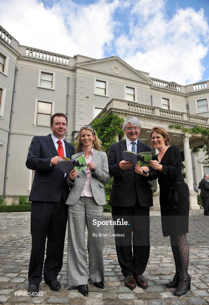 19 June; Minister of State Dr. Martin Mansergh TD, second from right, with David Levins, Cultural Programme Manager, Mary Coghlan, CEO, Athletics Ireland, and Mary Heffernan, General Manager, Farmleigh house, right, at the launch of 2008 Summer Season at Farmleigh. As part of the season Athletics Ireland will organise a Family Fitness Festival on Sunday July 27th, including a 5k open road race - a run, jog, or walk event. Further details of the Athletics Ireland Family Fitness Festival can be found at www.familyfitnessfestival.ie . Farmleigh House, Dublin. Picture credit: Brian Lawless / SPORTSFILE