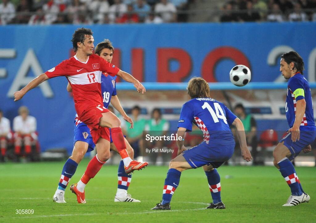20 June 2008; Tuncay Sanli, Turkey, in action against, from left, Niko Kranjcar, Luka Modric, and Niko Kovac, Croatia. UEFA EURO 2008TM, Quarter-Final, Croatia v Turkey, Ernst Happel Stadion, Vienna, Austria. Picture credit; Pat Murphy / SPORTSFILE