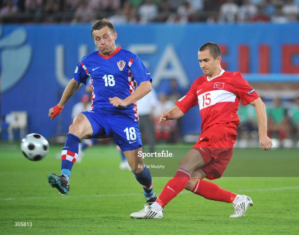 20 June 2008; Emre Asik, Turkey, in action against Ivica Olic, Croatia. UEFA EURO 2008TM, Quarter-Final, Croatia v Turkey, Ernst Happel Stadion, Vienna, Austria. Picture credit; Pat Murphy / SPORTSFILE