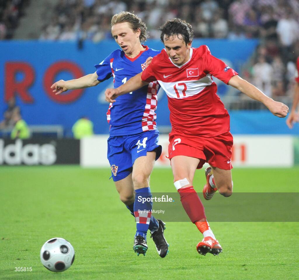 20 June 2008; Tuncay Sanli, Turkey, in action against Luka Modric, Croatia. UEFA EURO 2008TM, Quarter-Final, Croatia v Turkey, Ernst Happel Stadion, Vienna, Austria. Picture credit; Pat Murphy / SPORTSFILE