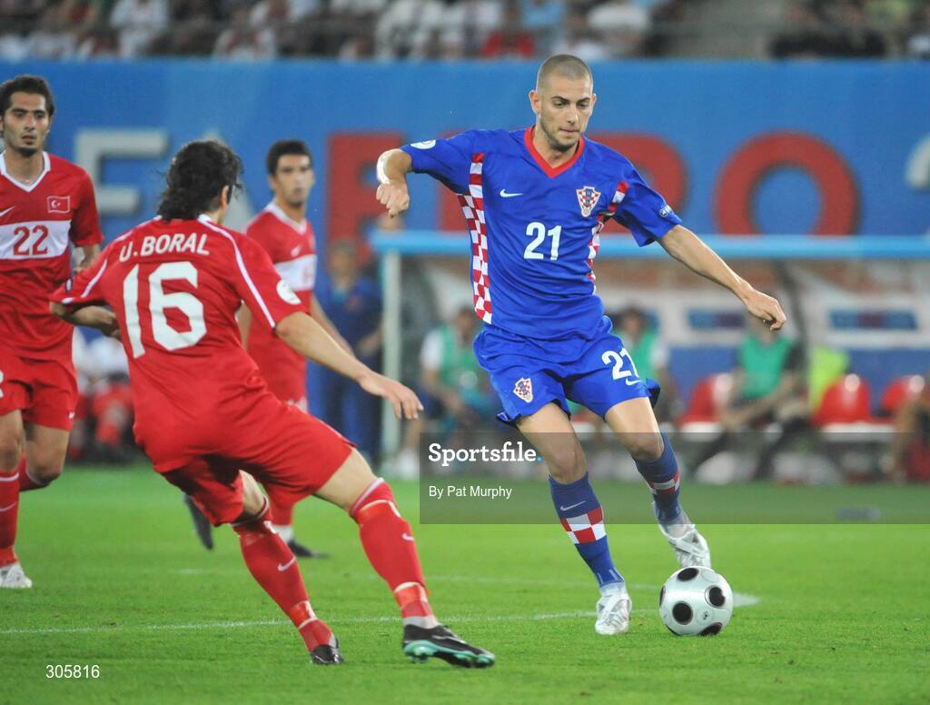 20 June 2008; Mladen Petric, Croatia, in action against Ugur Boral, Turkey. UEFA EURO 2008TM, Quarter-Final, Croatia v Turkey, Ernst Happel Stadion, Vienna, Austria. Picture credit; Pat Murphy / SPORTSFILE