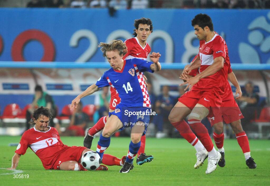 20 June 2008; Luka Modric, Croatia, in action against Tuncay Sanli, left, and Gokhan Zan, Turkey. UEFA EURO 2008TM, Quarter-Final, Croatia v Turkey, Ernst Happel Stadion, Vienna, Austria. Picture credit; Pat Murphy / SPORTSFILE