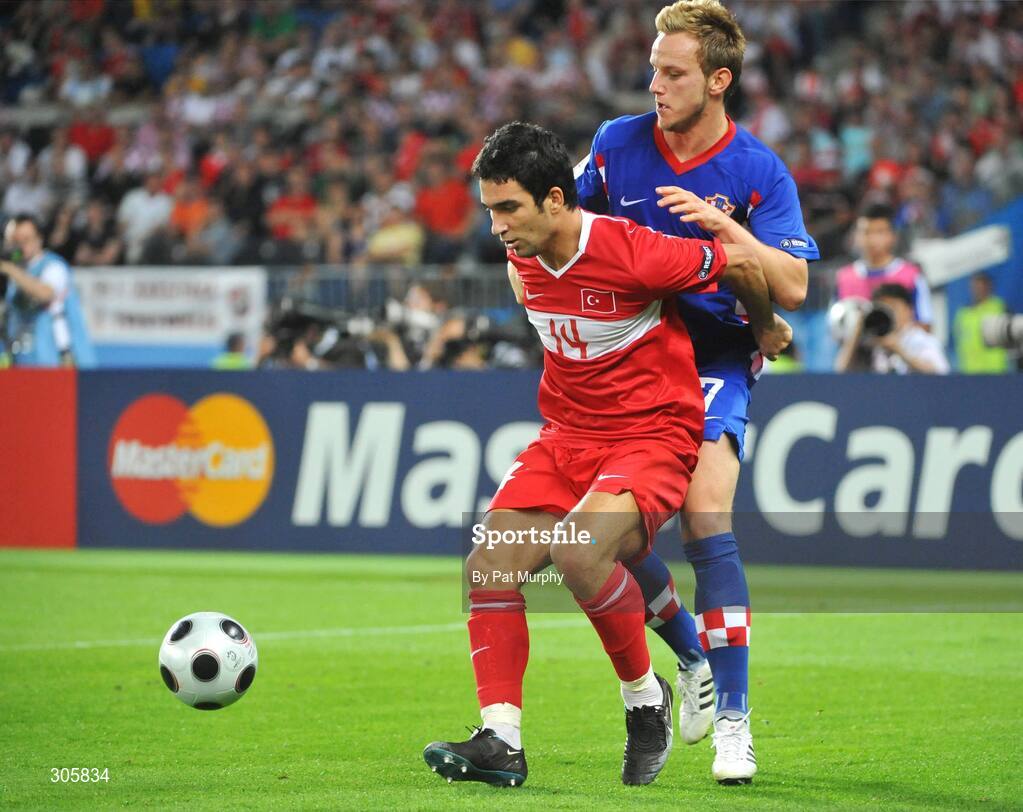 20 June 2008; Arda Turan, Turkey, in action against Ivan Rakitic, Croatia. UEFA EURO 2008TM, Quarter-Final, Croatia v Turkey, Ernst Happel Stadion, Vienna, Austria. Picture credit; Pat Murphy / SPORTSFILE