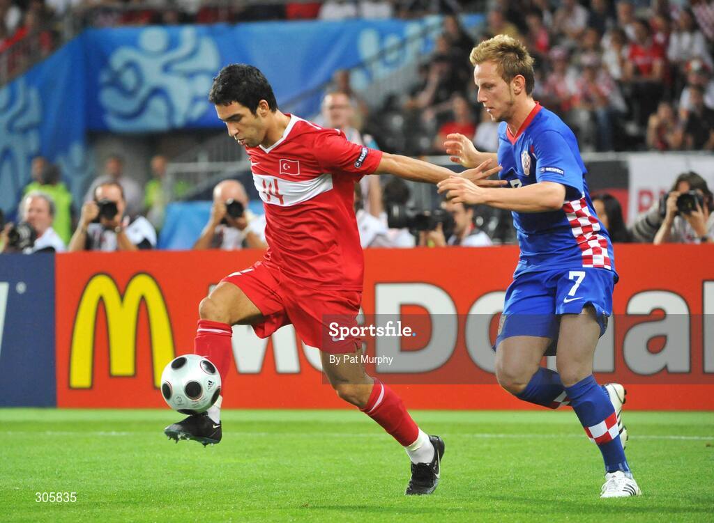 20 June 2008; Arda Turan, Turkey, in action against Ivan Rakitic, Croatia. UEFA EURO 2008TM, Quarter-Final, Croatia v Turkey, Ernst Happel Stadion, Vienna, Austria. Picture credit; Pat Murphy / SPORTSFILE