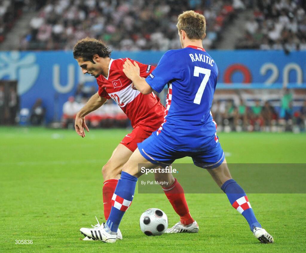 20 June 2008; Hamit Altintop, Turkey, in action against Ivan Rakitic, Croatia. UEFA EURO 2008TM, Quarter-Final, Croatia v Turkey, Ernst Happel Stadion, Vienna, Austria. Picture credit; Pat Murphy / SPORTSFILE