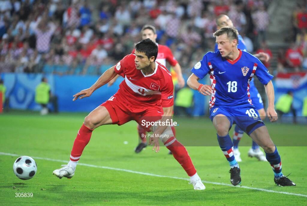 20 June 2008; Gokhan Zan, Turkey, in action against Ivica Olic, Croatia. UEFA EURO 2008TM, Quarter-Final, Croatia v Turkey, Ernst Happel Stadion, Vienna, Austria. Picture credit; Pat Murphy / SPORTSFILE
