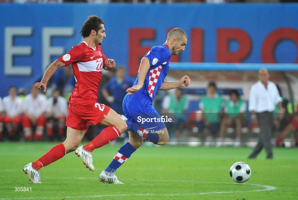 20 June 2008; Mladen Petric, Croatia, in action against Hamit Altintop, Turkey. UEFA EURO 2008TM, Quarter-Final, Croatia v Turkey, Ernst Happel Stadion, Vienna, Austria. Picture credit; Pat Murphy / SPORTSFILE