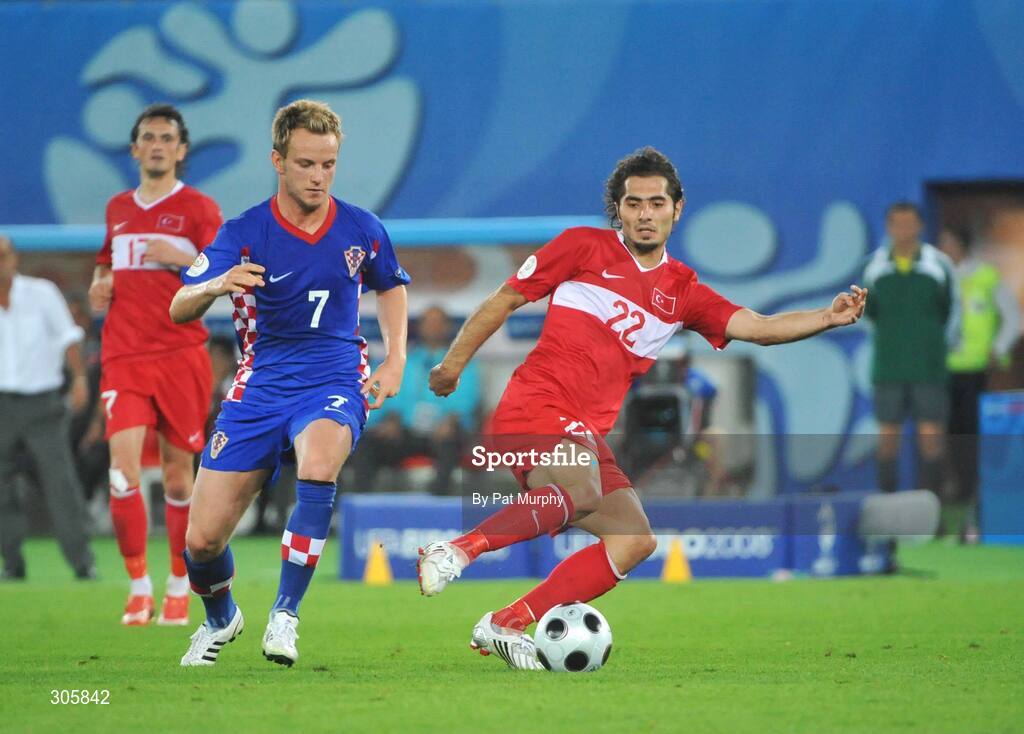 20 June 2008; Hamit Altintop, Turkey, in action against Ivan Rakitic, Croatia. UEFA EURO 2008TM, Quarter-Final, Croatia v Turkey, Ernst Happel Stadion, Vienna, Austria. Picture credit; Pat Murphy / SPORTSFILE