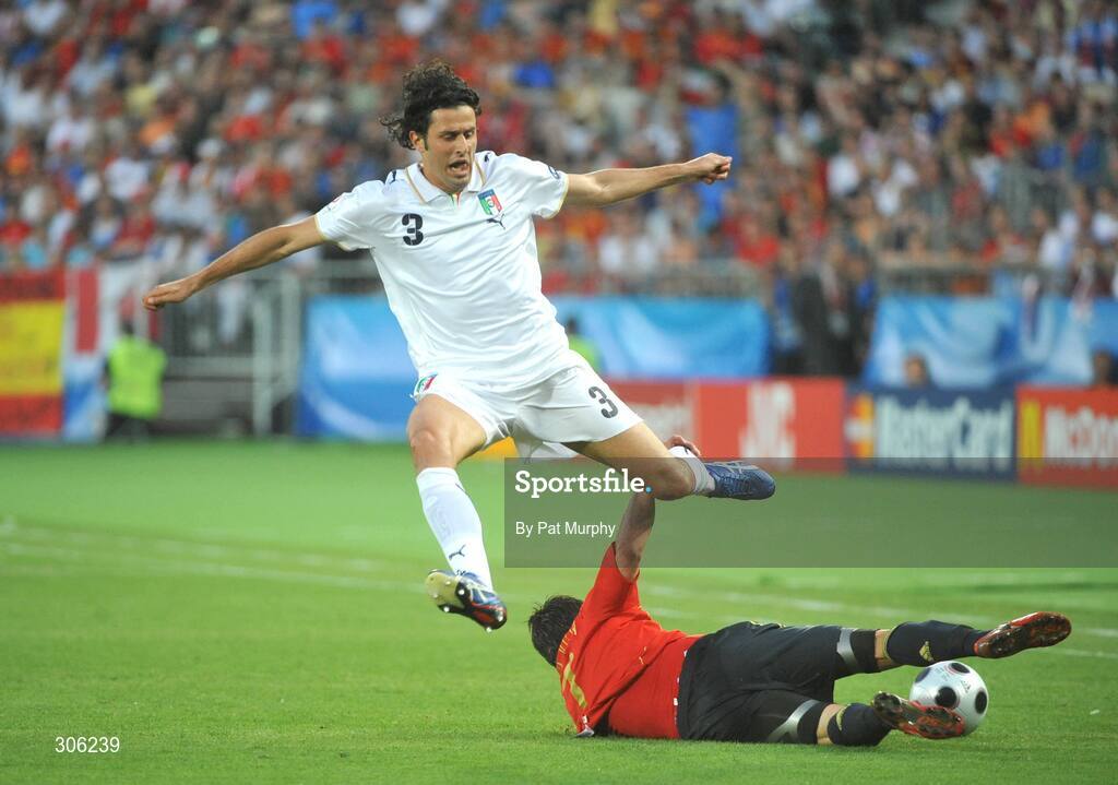 22 June 2008; Fabio Grosso, Italy, in action against David Villa, Spain. UEFA EURO 2008TM, Quarter-Final, Spain v Italy, Ernst Happel Stadion, Vienna, Austria. Picture credit; Pat Murphy / SPORTSFILE