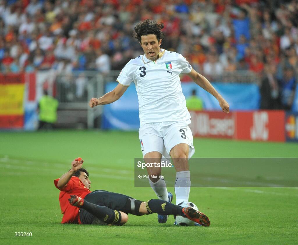 22 June 2008; Fabio Grosso, Italy, in action against David Villa, Spain. UEFA EURO 2008TM, Quarter-Final, Spain v Italy, Ernst Happel Stadion, Vienna, Austria. Picture credit; Pat Murphy / SPORTSFILE