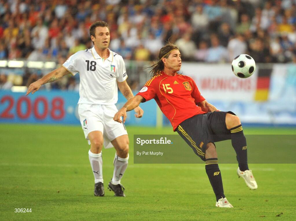 22 June 2008; Sergio Ramos, Spain, in action against Antonio Cassano, Italy. UEFA EURO 2008TM, Quarter-Final, Spain v Italy, Ernst Happel Stadion, Vienna, Austria. Picture credit; Pat Murphy / SPORTSFILE