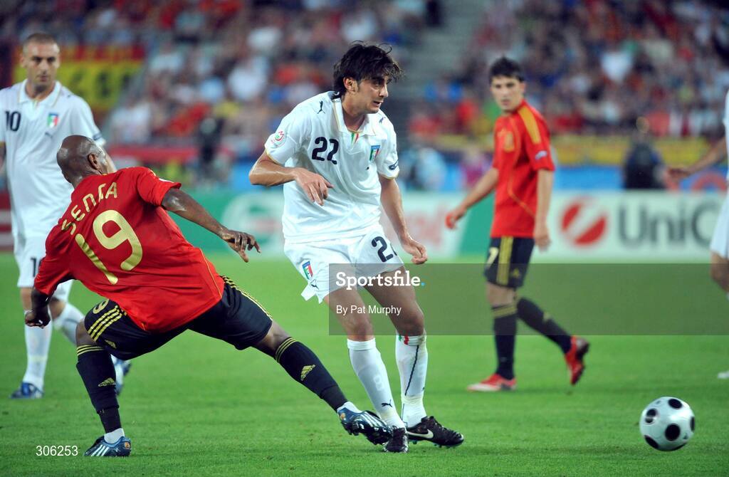 22 June 2008; Alberto Aquilani, Italy, in action against Marcos Senna, Spain. UEFA EURO 2008TM, Quarter-Final, Spain v Italy, Ernst Happel Stadion, Vienna, Austria. Picture credit; Pat Murphy / SPORTSFILE