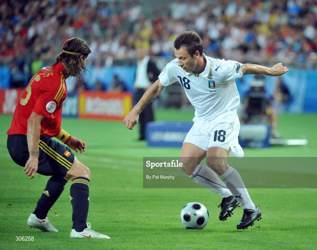 22 June 2008; Antonio Cassano, Italy, in action against Sergio Ramos, Spain. UEFA EURO 2008TM, Quarter-Final, Spain v Italy, Ernst Happel Stadion, Vienna, Austria. Picture credit; Pat Murphy / SPORTSFILE