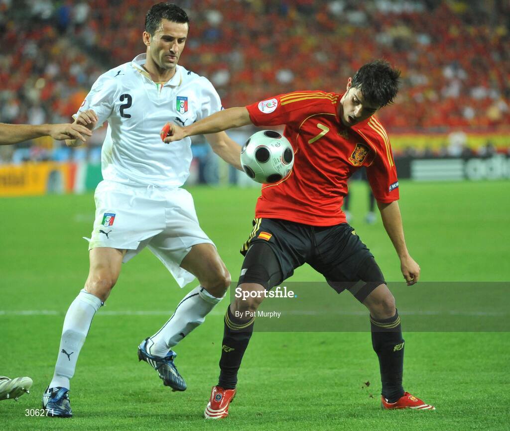 22 June 2008; David Villa, Spain, in action against Christian Panucci, Italy. UEFA EURO 2008TM, Quarter-Final, Spain v Italy, Ernst Happel Stadion, Vienna, Austria. Picture credit; Pat Murphy / SPORTSFILE