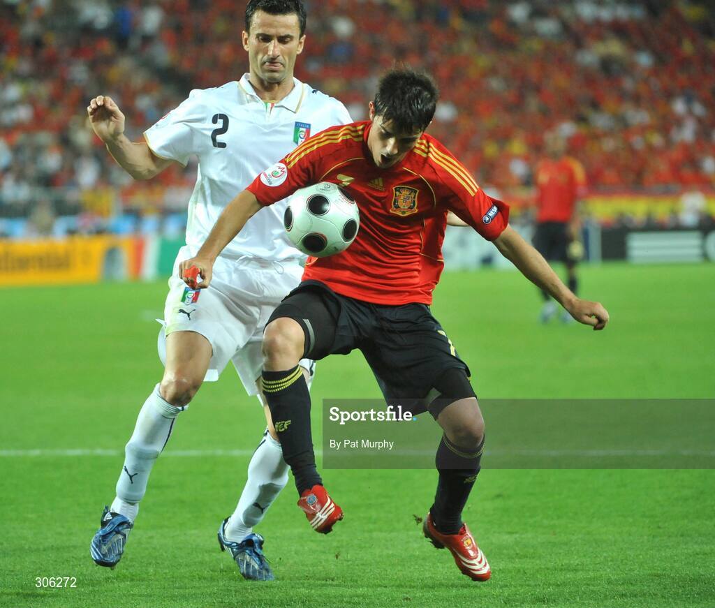 22 June 2008; David Villa, Spain, in action against Christian Panucci, Italy. UEFA EURO 2008TM, Quarter-Final, Spain v Italy, Ernst Happel Stadion, Vienna, Austria. Picture credit; Pat Murphy / SPORTSFILE
