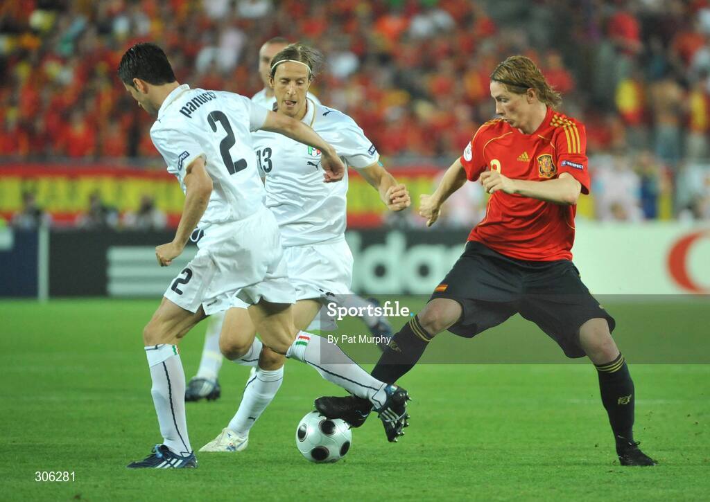 22 June 2008; Fernando Torres, Spain, in action against Christian Panucci, 2, and Massimo Ambrosini, Italy. UEFA EURO 2008TM, Quarter-Final, Spain v Italy, Ernst Happel Stadion, Vienna, Austria. Picture credit; Pat Murphy / SPORTSFILE