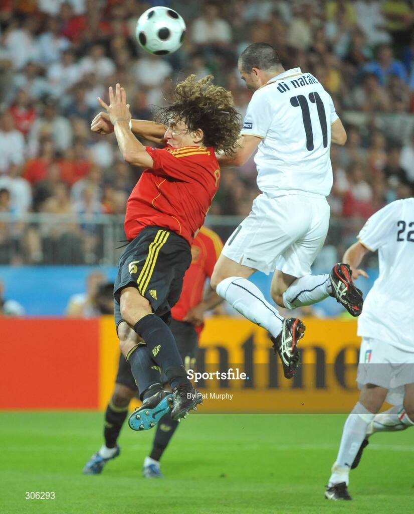 22 June 2008; Carles Puyol, Spain, in action against Antonio Di Natale, Italy. UEFA EURO 2008TM, Quarter-Final, Spain v Italy, Ernst Happel Stadion, Vienna, Austria. Picture credit; Pat Murphy / SPORTSFILE