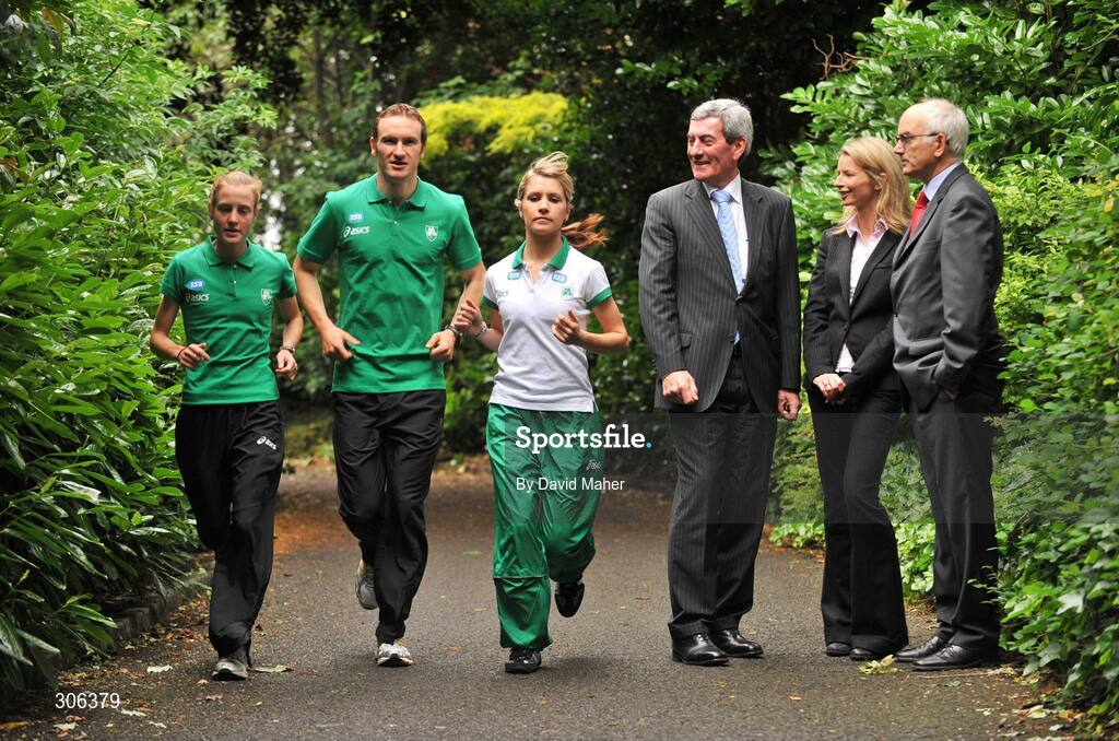 24 June 2008; Athletes left to right, Fionnuala Britton, Paul Hession and Linda Byrne, with Chief Executive ESB Padraig McManus, third from right, Chief Executive of Athletics Ireland Mary Coghlan and President of Athletics Ireland Liam Hennessy, right at the launch by Athletics Ireland and ESB of the ESB Athlete Support Scheme for 2008. ESB Head Office, Lower Fitzwilliam Street, Dublin. Picture credit: David Maher / SPORTSFILE