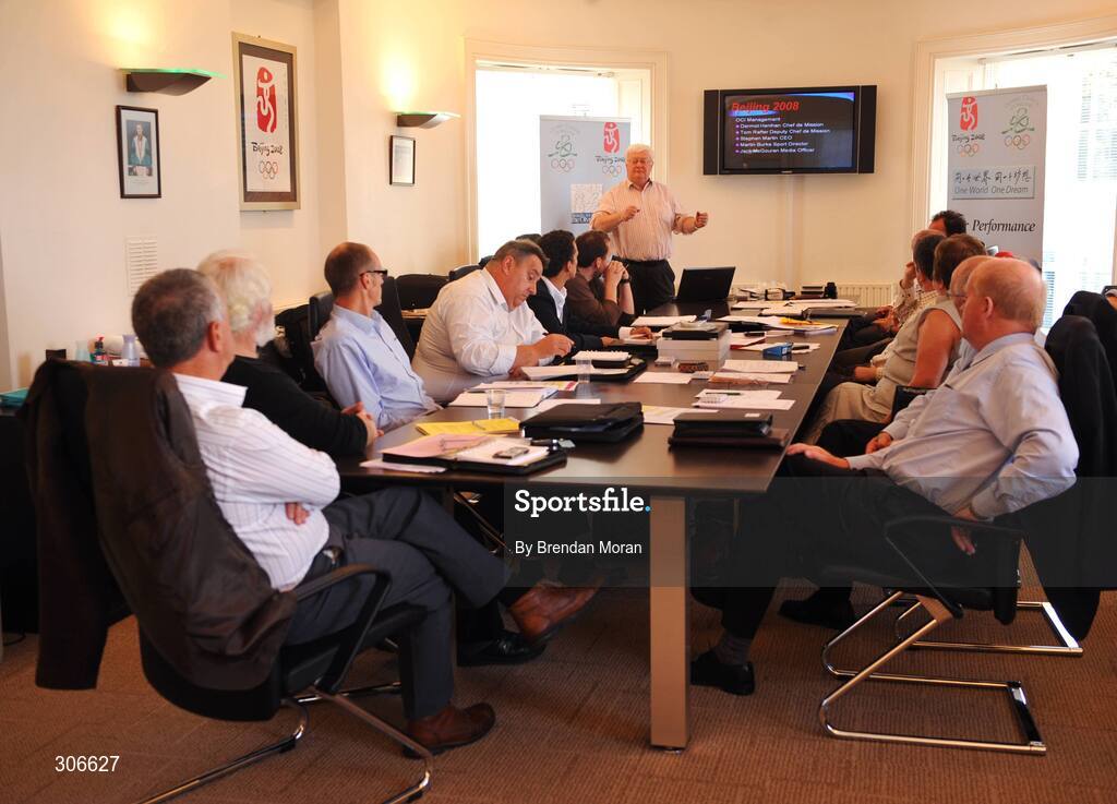 25 June 2008; Dermot Henihan, Chef de Mission, speaking during a meeting with the Irish team managers ahead of the Beijing Olympic Games. Olympic House, Harbour Road, Howth. Co. Dublin. Picture credit: Brendan Moran / SPORTSFILE