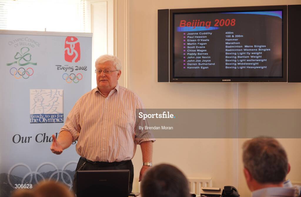25 June 2008; Dermot Henihan, Chef de Mission, speaking during a meeting with the Irish team managers ahead of the Beijing Olympic Games. Olympic House, Harbour Road, Howth. Co. Dublin. Picture credit: Brendan Moran / SPORTSFILE