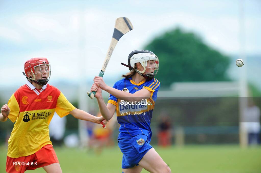 22 June 2008; Lauren McCann, Ratoath, Co. Meath, Co. Laois in action against Shauna Monaghan, The Harps, Co. Laois. Feile na nGael Camogie Finals - Division 3 Final, The Harps, Co. Laois v Ratoath, Co. Meath, Portlaoise GAA Club, Portlaoise, Laois. Picture credit: Matt Browne / SPORTSFILE