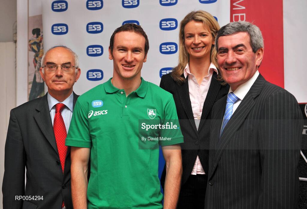 24 June 2008; Left to right, President of Athletics Ireland Liam Hennessy, Athlete Paul Hession, Chief Executive of Athletics Mary Coghlan and Chief Executive of ESB Padraig McManus at the launch by Athletics Ireland and ESB of the ESB Athlete Support Scheme for 2008. ESB Head Office, Lower Fitzwilliam Street, Dublin. Picture credit: David Maher / SPORTSFILE