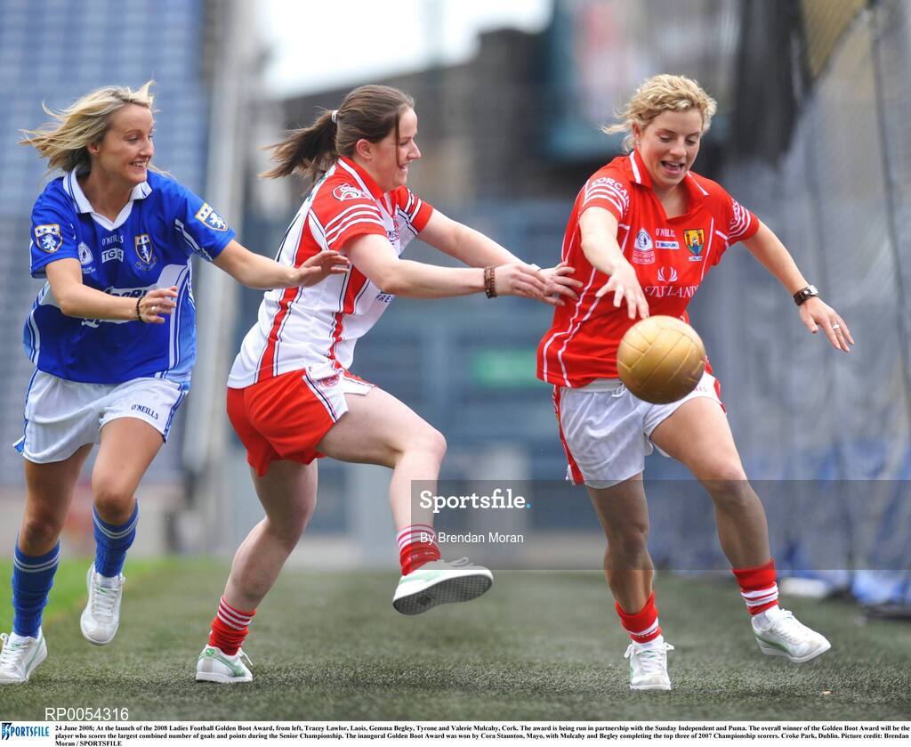 24 June 2008; At the launch of the 2008 Ladies Football Golden Boot Award, from left, Tracey Lawlor, Laois, Gemma Begley, Tyrone and Valerie Mulcahy, Cork. The award is being run in partnership with the Sunday Independent and Puma. The overall winner of the Golden Boot Award will be the player who scores the largest combined number of goals and points during the Senior Championship. The inaugural Golden Boot Award was won by Cora Staunton, Mayo, with Mulcahy and Begley completing the top three of 2007 Championship scorers. Croke Park, Dublin. Picture credit: Brendan Moran / SPORTSFILE