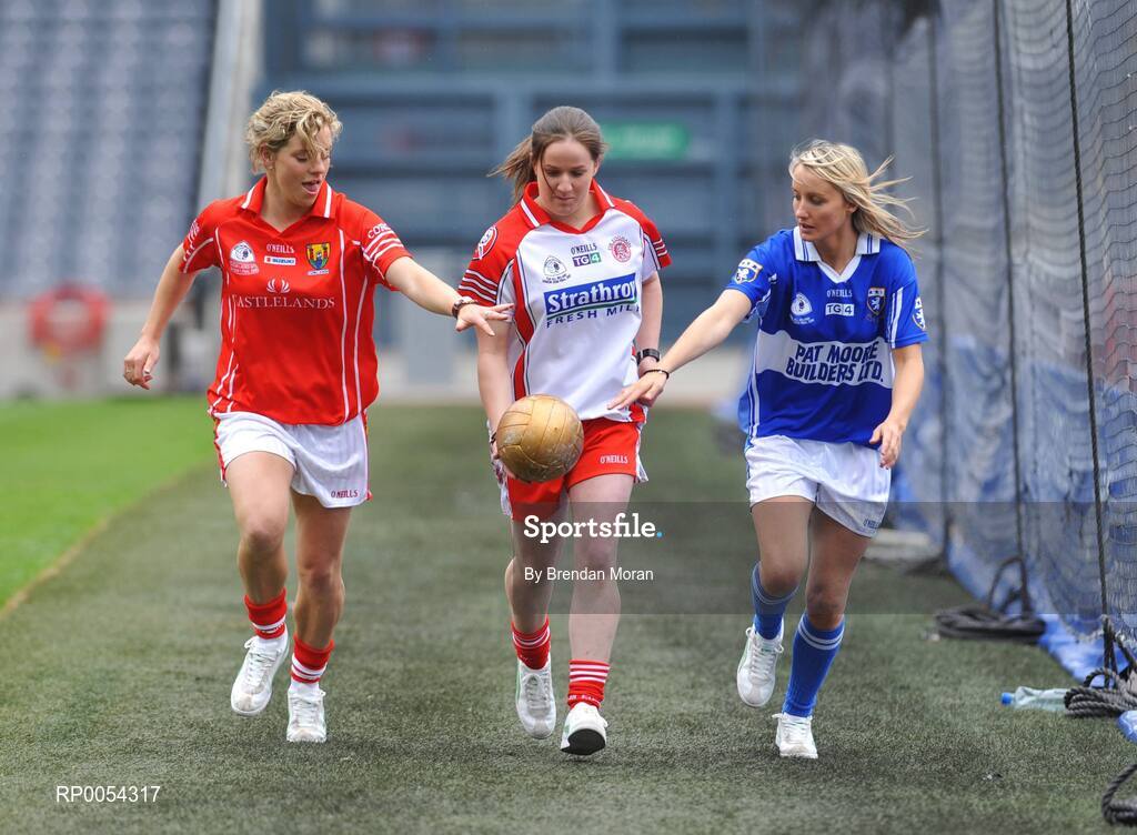 24 June 2008; At the launch of the 2008 Ladies Football Golden Boot Award, from left, Valerie Mulcahy, Cork, Gemma Begley, Tyrone and Tracey Lawlor, Laois. The award is being run in partnership with the Sunday Independent and Puma. The overall winner of the Golden Boot Award will be the player who scores the largest combined number of goals and points during the Senior Championship. The inaugural Golden Boot Award was won by Cora Staunton, Mayo, with Mulcahy and Begley completing the top three of 2007 Championship scorers. Croke Park, Dublin. Picture credit: Brendan Moran / SPORTSFILE