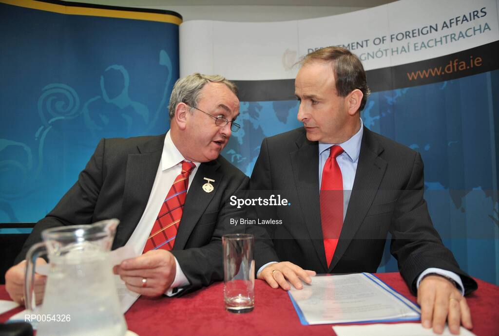 24 June 2008; The GAA and the Department of Foreign Affairs launched their joint community outreach initiative on Emigrant Heritage and Sport at Croke Park. The project involves the joint funding of a number of full-time GAA Games Development Administrators in Britain and the US. At the launch are GAA President Nickey Brennan, left, and Minister for Foreign Affairs Micheal Martin. Croke Park, Dublin. Picture credit: Brian Lawless / SPORTSFILE