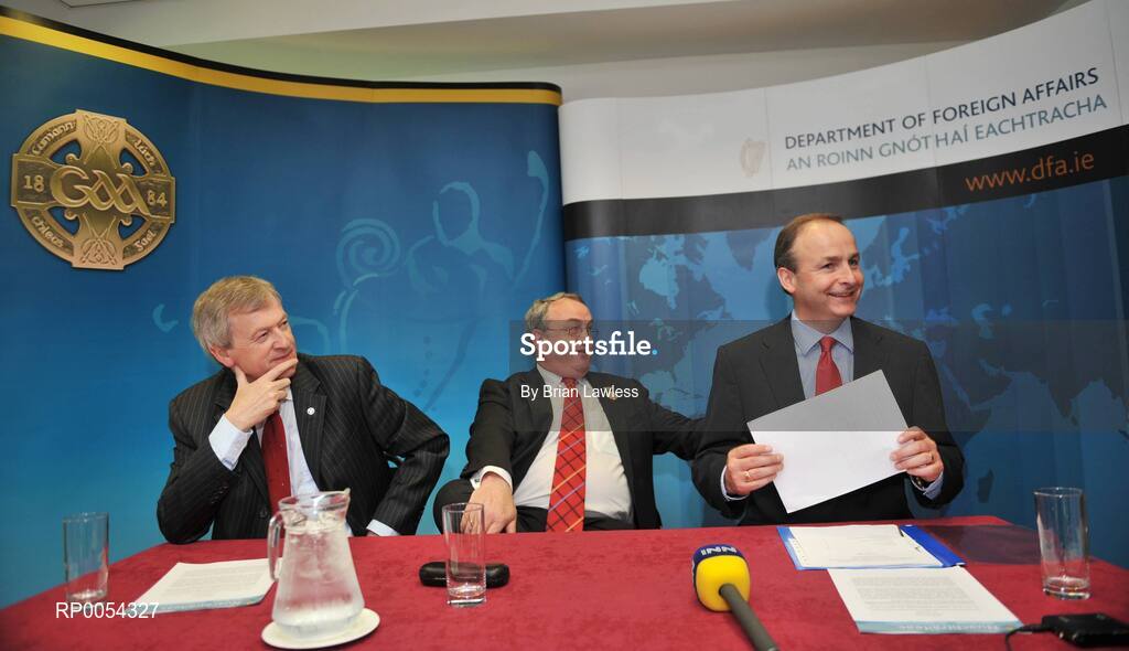 24 June 2008; The GAA and the Department of Foreign Affairs launched their joint community outreach initiative on Emigrant Heritage and Sport at Croke Park. The project involves the joint funding of a number of full-time GAA Games Development Administrators in Britain and the US. At the launch are GAA President Nickey Brennan, centre, Minister for Foreign Affairs Micheal Martin, and Paraic Duffy, GAA Ard Stiurthoir, left. Croke Park, Dublin. Picture credit: Brian Lawless / SPORTSFILE