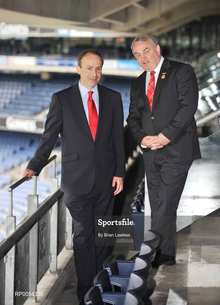 24 June 2008; The GAA and the Department of Foreign Affairs launched their joint community outreach initiative on Emigrant Heritage and Sport at Croke Park. The project involves the joint funding of a number of full-time GAA Games Development Administrators in Britain and the US. At the launch are GAA President Nickey Brennan and Minister for Foreign Affairs Micheal Martin, left. Croke Park, Dublin. Picture credit: Brian Lawless / SPORTSFILE