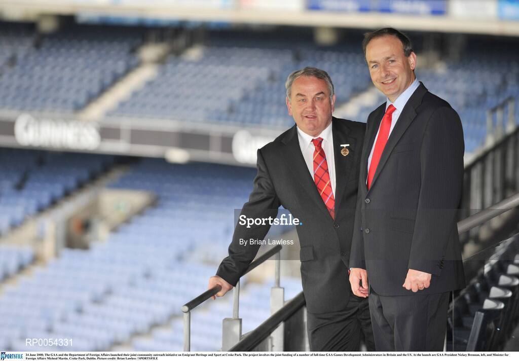 24 June 2008; The GAA and the Department of Foreign Affairs launched their joint community outreach initiative on Emigrant Heritage and Sport at Croke Park. The project involves the joint funding of a number of full-time GAA Games Development Administrators in Britain and the US. At the launch are GAA President Nickey Brennan, left, and Minister for Foreign Affairs Micheal Martin. Croke Park, Dublin. Picture credit: Brian Lawless / SPORTSFILE