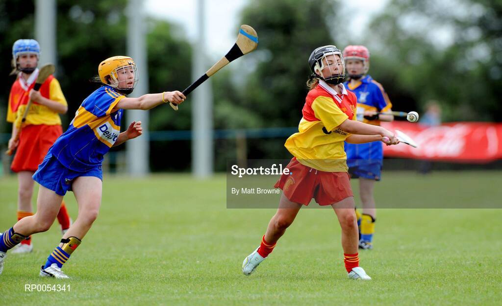 22 June 2008; Maria Fitzpatrick, The Harps, Co. Laois, in action against Emily Murphy, Ratoath, Co. Meath. Feile na nGael Camogie Finals, Division 3 Final, The Harps, Co. Laois v Ratoath, Co. Meath, Portlaoise GAA Club, Portlaoise, Laois. Picture credit: Matt Browne / SPORTSFILE