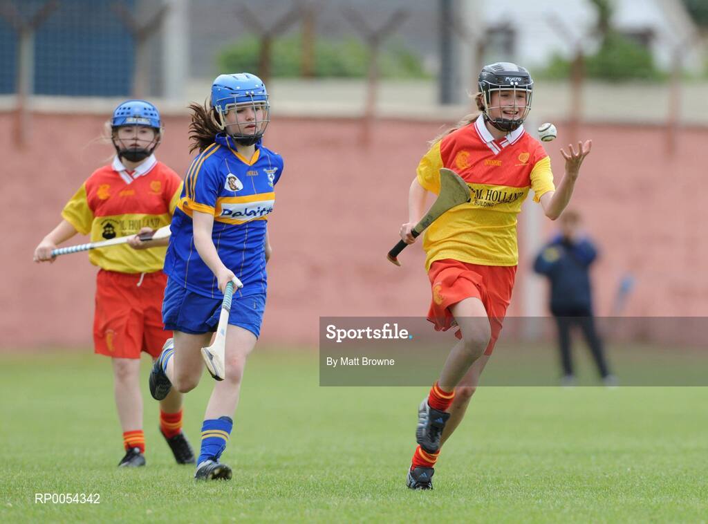 22 June 2008; Bronagh Dunne, The Harps, Co. Laois, in action against Karen McCabe, Ratoath, Co. Meath. Feile na nGael Camogie Finals, Division 3 Final, The Harps, Co. Laois v Ratoath, Co. Meath, Portlaoise GAA Club, Portlaoise, Laois. Picture credit: Matt Browne / SPORTSFILE