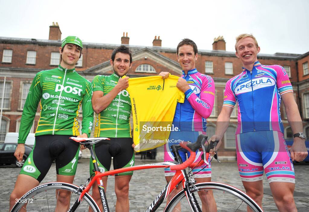 26 June 2008; Members of the An Post cycling team Isaac Speirs, left, and Mark Cassidy with Pezula racing team riders Ciaran Power and David O'Loughlin, right, at the launch of the 2008 Tour of Ireland cycle race which is being held from the 27th to 31st August. Tour of Ireland Launch, Dublin Castle, Dublin. Picture credit: Stephen McCarthy / SPORTSFILE