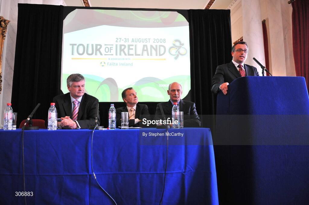 26 June 2008; Darach McQuaid, Tour of Ireland Project Director, speaking at the launch of the 2008 Tour of Ireland cycle race alongside Shaun Quinn, CEO Failte Ireland, left, Minister for Arts, Sport & Tourism, Martin Cullen, TD., and Alan Rushton, Tour of Ireland Event Director, right, which is being held from the 27th to 31st August. Dublin Castle, Dublin. Picture credit: Stephen McCarthy / SPORTSFILE