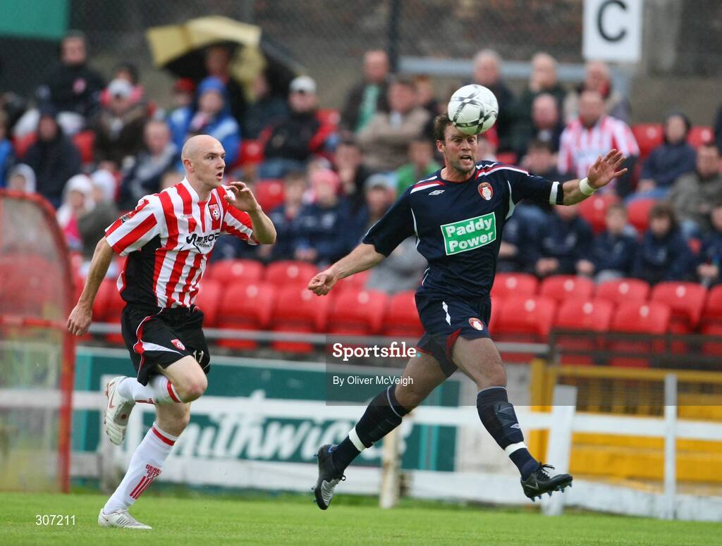 27 June 2008; Jamie Harris, St Patrick's Athletic, in action against Conor Sammon, Derry City. eircom league Premier Division, Derry City v St Patrick's Athletic, Brandywell, Derry. Picture credit: Oliver McVeigh / SPORTSFILE