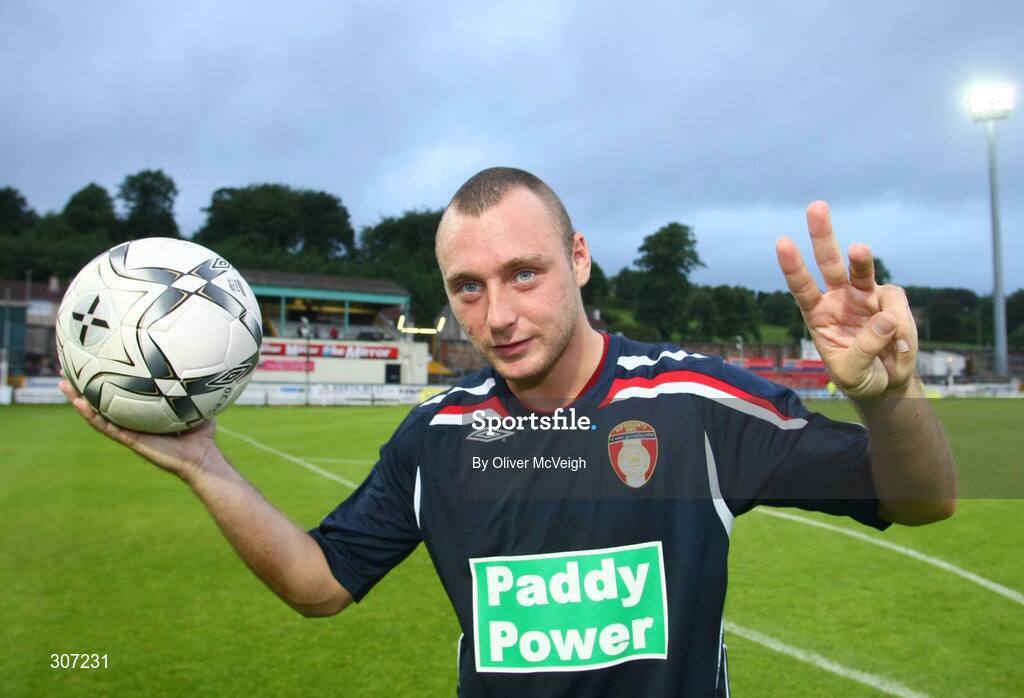 27 June 2008; Mark Quigley celebrates with the match ball after scoring a hat-trick for St Patrick's Athletic. eircom league Premier Division, Derry City v St Patrick's Athletic , Brandywell, Derry. Picture credit: Oliver McVeigh / SPORTSFILE