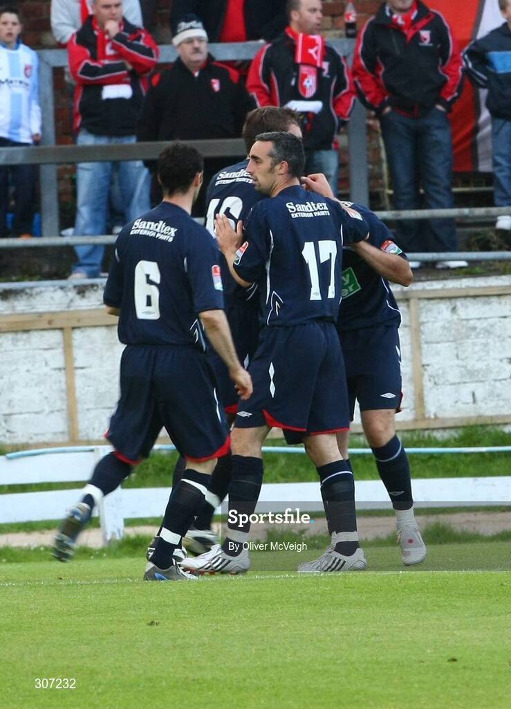 27 June 2008; Mark Quigley, St Patrick's Athletic, is surrounded by team mates after scoring the first goal. eircom league Premier Division, Derry City v St Patrick's Athletic, Brandywell, Derry. Picture credit: Oliver McVeigh / SPORTSFILE