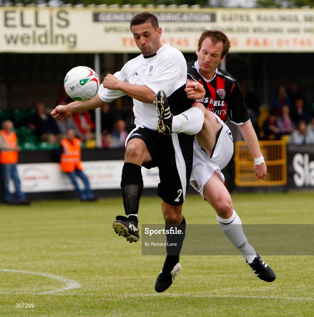 28 June 2008; Stephen O'Donnell, Bohemians, in action against Carl Ruffer, Rhyl. UEFA Intertoto Cup, First Round, 2nd Leg, Rhyl F.C. v Bohemians FC, Belle Vue Stadium, Grange Road, Rhyl, Denbighshire, Wales. Picture credit: Richard Lane / SPORTSFILE